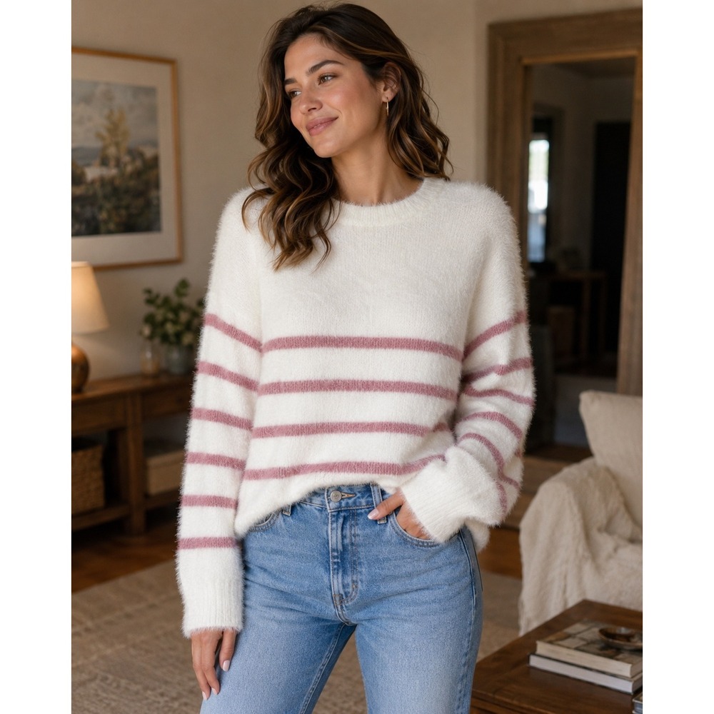 Bailey/44 Women's XL Fuzzy Striped Sweater Ivory Pink Super Soft Cozy